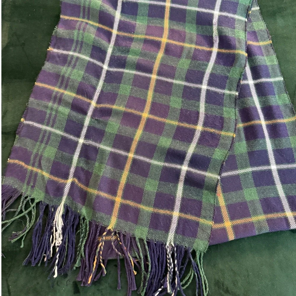 100% Cashmere Plaid Scarf Green Blue Yellow Fringe 12x66